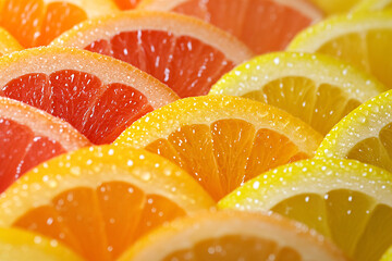 a closeup of colorful citrus slices layered in vibrant tones of yellow orange and red glistening with water droplets for freshness
