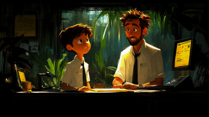A young boy and a smiling man discuss something important at a desk surrounded by vibrant greenery in a cozy office setting