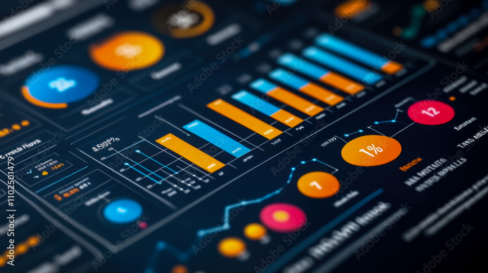 Poster a detailed dashboard featuring colorful graphs and charts to analyze business metrics, showcasing pe