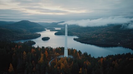 A breathtaking aerial perspective showcases a tranquil lake amidst vibrant autumn trees, highlighting the beauty of the Swedish wilderness