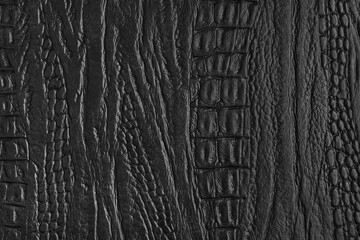 Crocodile genuine leather structure texture macro, black colored leatherette surface with metallic, pearlescent effect. Reptile skin close up, macro background, wallpaper, backdrop