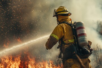 Brave firefighter battling intense wildfire flames in a life threatening environment