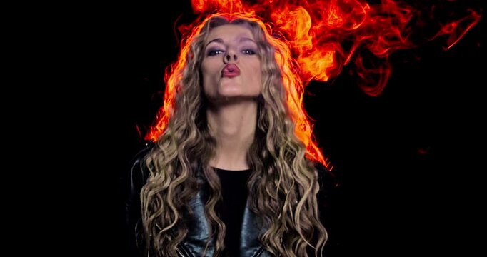 A Mystical Woman Surrounded by Intense Fire, Rising Smoke, and an Air of Exotic Mystique