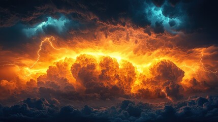 Fototapeta premium Dramatic clouds illuminated by orange and blue light, suggesting a stormy atmosphere.
