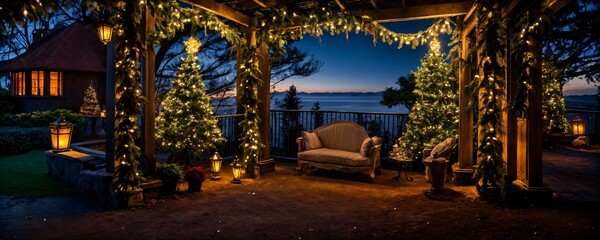 Obraz premium Magical Merry Christmas and Happy New Year Atmosphere Featuring Stunning Architecture, Festive Decor, and Glittering Snowflakes for Enchanting Holiday Designs