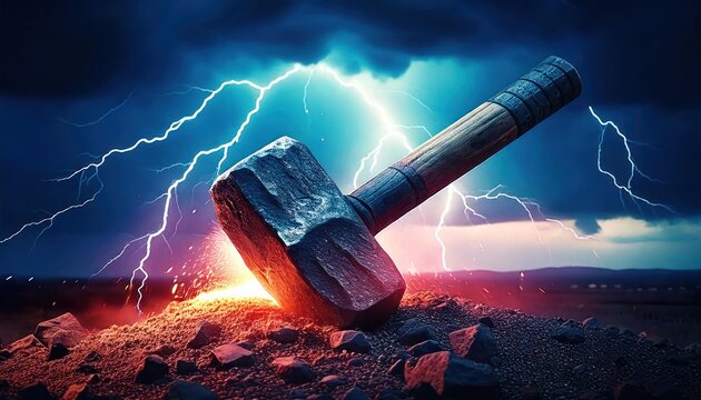 Thor hammer- crashed into the ground with lightning or storm in the background 