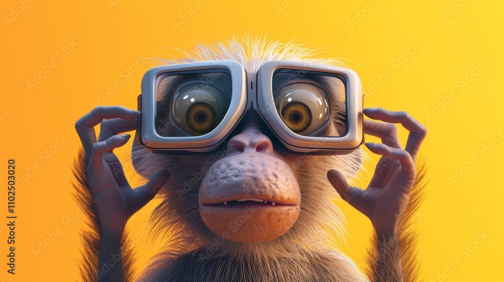 Poster a playful and curious monkey wears large futuristic goggles against a bright yellow background, crea