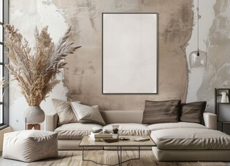 A minimalistic living room interior with a white couch. dried plant. and a large blank canvas on a textured wall