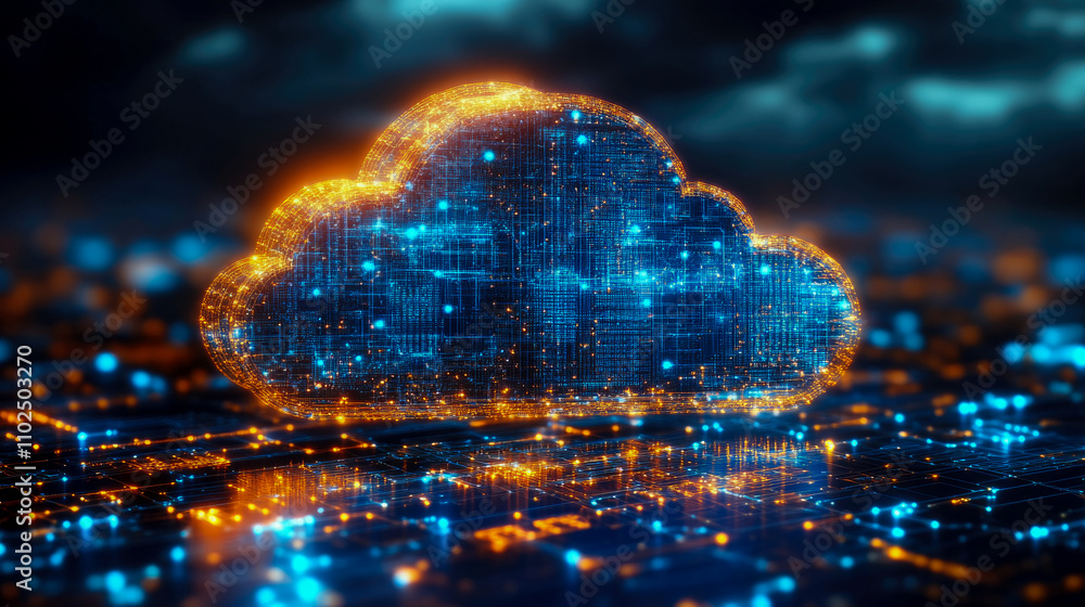 Poster glowing cloud structure floats above a complex digital network, showcasing vibrant data connections 