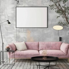 A pink sofa. a black coffee table. a black floor lamp. and a small olive tree in a pot sit in front of a concrete wall with a black framed picture hanging on it