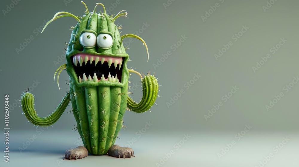 Poster a fun 3d rendering of a cartoon-style cactus with wide eyes and a surprised expression. perfect for 