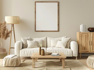 A minimalist living room interior with a white sofa. a coffee table. and a large frame on the wall The room is decorated in a natural style with wicker furniture and plants