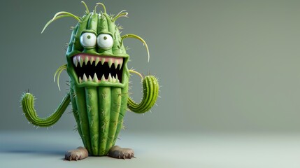 A fun 3D rendering of a cartoon-style cactus with wide eyes and a surprised expression. Perfect for playful, animated content and creative designs. AI generated.