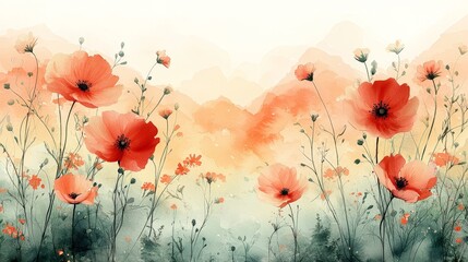 A serene watercolor landscape featuring vibrant red flowers against soft mountain hues.