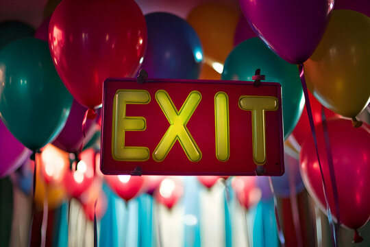 Colorful balloons create a joyful atmosphere around a glowing exit sign during an event