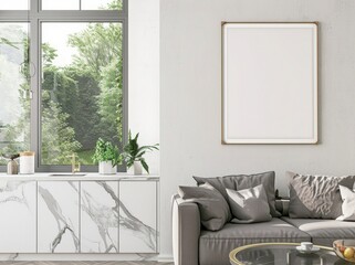 Modern living room with a sofa. a coffee table. a large picture frame. and a kitchen counter with a sink. a faucet. and greenery