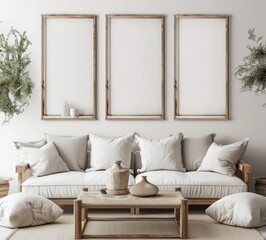 Minimalist living room interior with a white sofa. wooden coffee table. and three empty frames on the wall