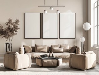 A minimalist living room interior with three empty picture frames. a sofa. two armchairs. and a rug The walls are white and the furniture is light wood Sunlight streams through the window