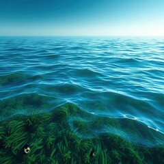 Blue green oceanic waters with seaweed and waves, natural scenery, blue green waters, color gradient, oceanic colors, wave pattern
