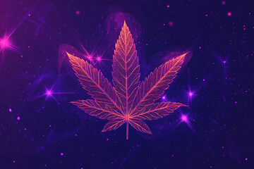 a glowing pink cannabis leaf with fine details set against a cosmic starry purple background creating a futuristic aesthetic
