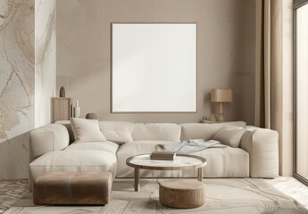 A modern living room interior with a large empty frame mockup on the wall There is a wicker vase with dried plants. a white ceramic vase. and a woven basket A coffee table with a white ceramic mug and