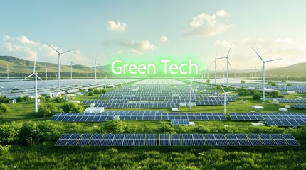 Sustainable Energy and Green Tech Concept. A peaceful landscape featuring solar panels, wind turbines, and clean energy systems with "Green Tech" glowing in holographic text