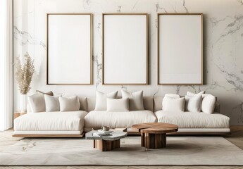 Two plush armchairs with a coffee table in a minimalist living room with large windows and marble walls