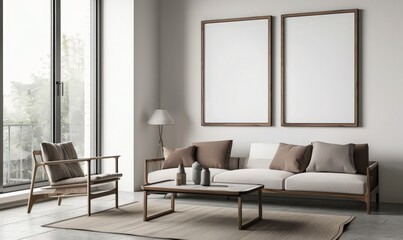 Minimalist living room interior with two armchairs. a coffee table. a wooden cabinet. and two blank frames on the white wall