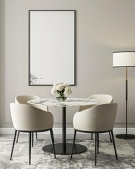 A minimalist dining room with a round marble table. four chairs. a vase with white flowers. a framed picture. and a floor lamp