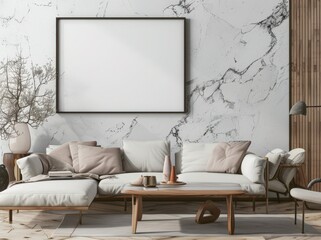 Minimalist living room interior with white sofa. wooden wall. and a blank canvas mockup