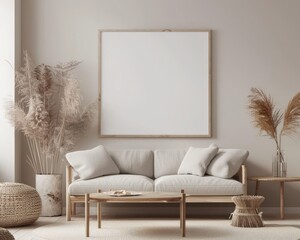 A cozy living room interior with a large blank poster on the wall. a plush armchair. a round ottoman. a side table. and a lamp The room has a natural and earthy color scheme. with beige walls and a st