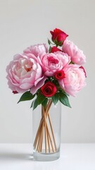 A lush arrangement of fresh pink peonies and roses in a modern glass vase with clean lines , minimalist style, sophisticated look, spring flowers., elegant centerpiece, rose bouquet