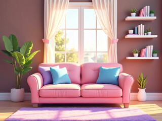 Living room with bright and vibrant pastel colors 3d illustration mocha brown wall and pink sofa