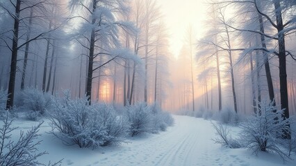 A serene forest landscape with snow-covered trees and a soft white wood texture background, winter wonderland, frosty trees, snowy forest, peaceful atmosphere