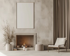 Minimalist living room interior with a fireplace. a comfy armchair. and a floor lamp The room is decorated with a vase of dried flowers