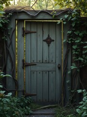 Old wooden door with vines wrapped around it, in a abandoned garden, nature, outdoors, rustic, gardening