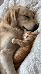 Adorable Dog and Kitten Cuddling Together