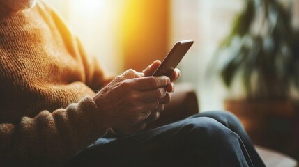 Elderly man using smartphone, seated on sofa in home interior, soft indoor lighting,