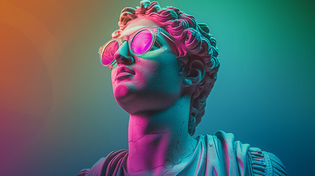 Marble statue of david or adonis, neon colors