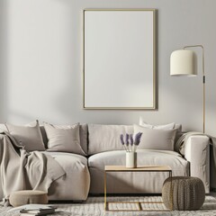 Minimalist living room interior with a white sofa. throw pillows. a blanket. a wooden coffee table. a vase with lavender flowers. and a framed poster on the wall