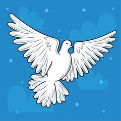 Flying white dove on blue sky background, Vector