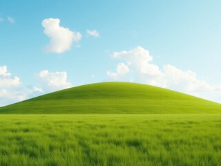 Fototapeta premium A rolling hill covered in a thick layer of fresh spring green grass, peaceful landscape, serene atmosphere, rolling hills