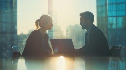 Businessman and businesswoman discussing work, looking at a laptop, modern office background with bright daylight, minimalistic corporate environment,