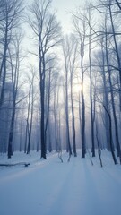 Naklejka premium A snowy forest with bare trees standing tall amidst the snow-covered landscape, bare trees, snowy terrain, serene atmosphere, snowy forest