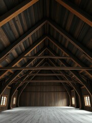 Exposed dark wood ceiling beams in a high-ceilinged room, beam construction, high ceilings