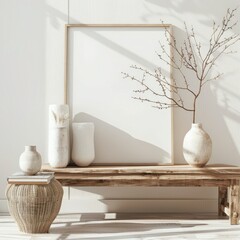 A minimalist interior design with a blank poster frame. two vases with dried branches. and a wooden table with books The room has natural light