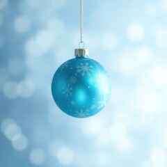 Fototapeta premium Defocused blue background with bright glowing Christmas ornament, peaceful ambiance, winter wonderland