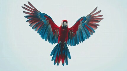 Obraz premium Parrot with vivid red and blue feathers flying, spread wings, white background, studio lighting,