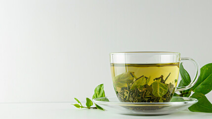 Glass cup of refreshing green tea against a white background.