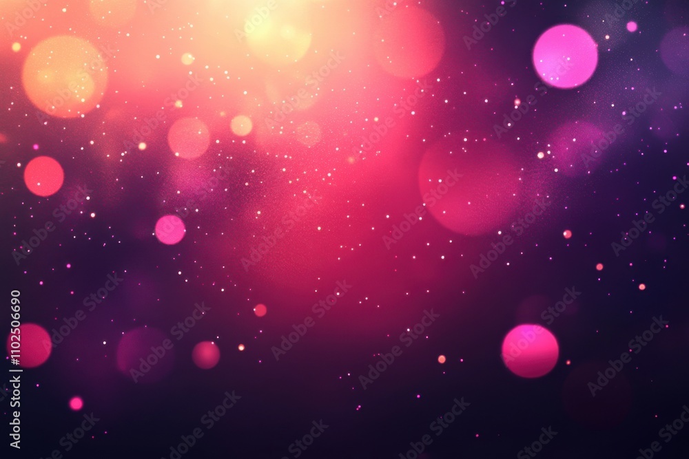 Poster pink and purple gradient background with glowing light particles, stars, and bokeh lights. abstract 